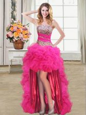  Sequins Ruffled Ball Gowns Evening Dress Hot Pink Strapless Organza Sleeveless High Low Lace Up