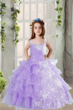 Glorious Ruffled Floor Length Lavender Little Girls Pageant Gowns Square Sleeveless Lace Up