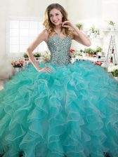  Turquoise Organza Lace Up Quinceanera Gowns Sleeveless Floor Length Beading and Ruffles