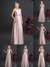 Unique Pink Elastic Woven Satin Zipper Square Sleeveless Floor Length Dama Dress Bowknot