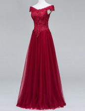 Most Popular Floor Length A-line Short Sleeves Wine Red Prom Dress Zipper