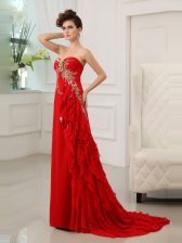 Gorgeous With Train Red Evening Dress Chiffon Brush Train Sleeveless Beading and Appliques and Ruffled Layers