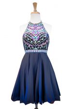  Halter Top Navy Blue Side Zipper Prom Dress Beading Sleeveless Mini Length