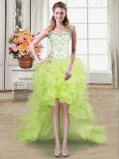  Yellow Green Lace Up Straps Beading and Ruffles Dress for Prom Organza Sleeveless