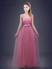  Pink Tulle Lace Up Straps Sleeveless Floor Length Damas Dress Ruching and Bowknot