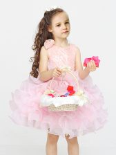 Stunning Scoop Sleeveless Flower Girl Dresses for Less Mini Length Lace and Ruffles Pink Organza