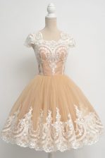  Scoop Champagne Cap Sleeves Lace Knee Length Prom Evening Gown