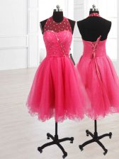  Knee Length Lace Up Prom Dress Hot Pink for Prom and Party with Sequins