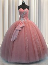  Watermelon Red Sleeveless Floor Length Beading and Sequins and Bowknot Lace Up Quince Ball Gowns