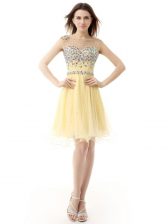 Hot Selling Bateau Sleeveless Prom Dresses Knee Length Beading Light Yellow Organza