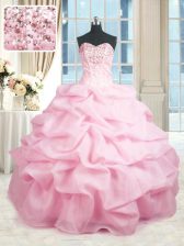 Delicate Pink Ball Gowns Sweetheart Sleeveless Organza Floor Length Lace Up Beading and Ruffles Sweet 16 Dress