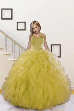 Best Halter Top Sleeveless Organza Kids Pageant Dress Beading and Ruffles Lace Up