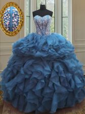  Teal Sleeveless Floor Length Beading and Ruffles Lace Up 15th Birthday Dress
