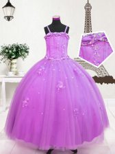  Tulle Spaghetti Straps Sleeveless Zipper Beading and Appliques Little Girls Pageant Gowns in Lilac