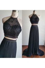  Halter Top Sleeveless Chiffon With Train Court Train Zipper Prom Gown in Black with Beading