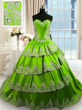 Romantic Green Sleeveless Court Train Beading and Appliques and Ruffled Layers With Train Sweet 16 Dresses