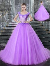 Elegant Lilac Straps Lace Up Beading and Appliques 15th Birthday Dress Brush Train Sleeveless