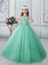  Scoop Apple Green Ball Gowns Beading Kids Formal Wear Lace Up Tulle Sleeveless Floor Length