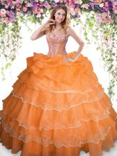 High Quality Pick Ups Ruffled Orange Sleeveless Organza Lace Up Quinceanera Dresses for Military Ball and Sweet 16 and Quinceanera