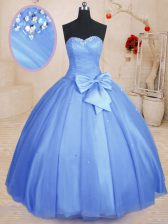 Traditional Beading and Bowknot Quinceanera Gowns Light Blue Lace Up Sleeveless Floor Length
