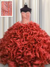  Visible Boning Rust Red Lace Up Sweetheart Beading and Ruffles Quinceanera Dresses Organza Sleeveless