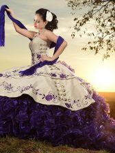  With Train Lace Up Quince Ball Gowns White And Purple for Military Ball and Sweet 16 and Quinceanera with Embroidery and Ruffles Brush Train