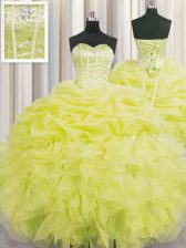  Pick Ups Visible Boning Sweetheart Sleeveless Lace Up Quinceanera Gown Yellow Organza