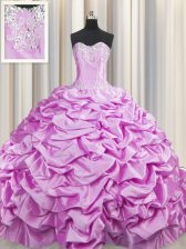 Hot Sale Brush Train Lilac Sleeveless Beading and Pick Ups Lace Up Sweet 16 Dresses