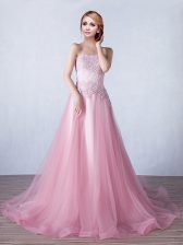  Pink A-line Appliques Prom Dress Lace Up Tulle Sleeveless With Train