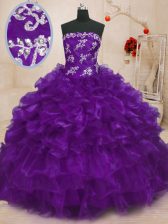 Adorable Strapless Sleeveless Lace Up Sweet 16 Quinceanera Dress Purple Organza