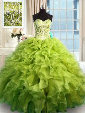 Designer Olive Green Sleeveless Floor Length Beading and Ruffles Lace Up Quinceanera Dress