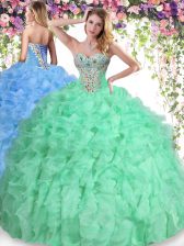 Beautiful Sleeveless Floor Length Beading and Ruffles Lace Up 15 Quinceanera Dress with Apple Green