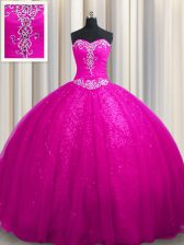  Sequined Beading and Appliques Quinceanera Dresses Fuchsia Lace Up Sleeveless With Train Court Train