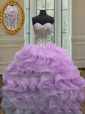  Sleeveless Organza Floor Length Lace Up Quinceanera Dress in Lilac with Beading and Ruffles