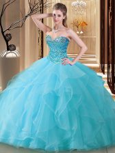  Aqua Blue Sleeveless Floor Length Beading Lace Up Sweet 16 Dresses