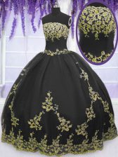 Lovely Black Quinceanera Dresses Military Ball and Sweet 16 and Quinceanera with Appliques Strapless Sleeveless Zipper