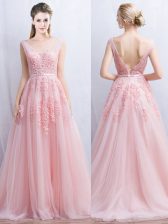 Modest Baby Pink Tulle Backless Prom Gown Sleeveless With Brush Train Appliques and Belt