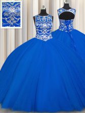 Flare Scoop Floor Length Royal Blue Quinceanera Gown Tulle Sleeveless Beading