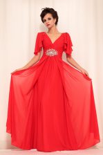 Dynamic Floor Length Red Prom Dress V-neck Short Sleeves Zipper
