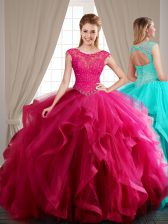  Scoop Tulle Cap Sleeves With Train Quinceanera Gown Brush Train and Beading and Appliques and Ruffles