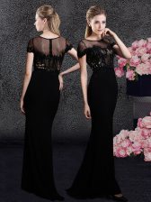  Scoop Appliques and Sequins Prom Party Dress Black Zipper Short Sleeves With Train Sweep Train