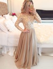 Trendy Scoop Brown Zipper Prom Gown Beading and Lace Long Sleeves Floor Length