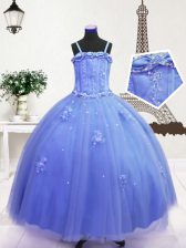 Trendy Sleeveless Tulle Floor Length Zipper Child Pageant Dress in Blue with Beading and Hand Made Flower