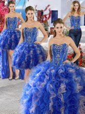 Comfortable Four Piece Blue Sleeveless Organza Lace Up Sweet 16 Dress for Military Ball and Sweet 16 and Quinceanera
