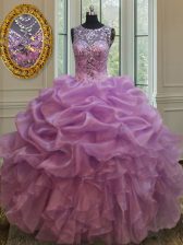 Flare Scoop See Through Lilac Sleeveless Floor Length Beading and Ruffles Lace Up Vestidos de Quinceanera