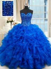 Floor Length Lace Up Vestidos de Quinceanera Royal Blue for Military Ball and Sweet 16 and Quinceanera with Beading and Ruffles