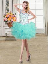  Straps Aqua Blue Sleeveless Mini Length Beading and Ruffles Lace Up Prom Party Dress