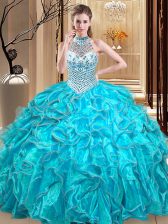 Nice Ball Gowns Sweet 16 Dress Aqua Blue Halter Top Organza Sleeveless Floor Length Lace Up