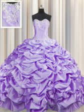  Brush Train Lavender Ball Gowns Sweetheart Sleeveless Taffeta With Train Sweep Train Lace Up Beading and Pick Ups Sweet 16 Dresses