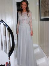 Exceptional Backless Chiffon Long Sleeves Floor Length Prom Party Dress and Appliques